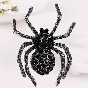 Gothic Black Rhinestone Spider Brooch Engraved Details and Silver Tone